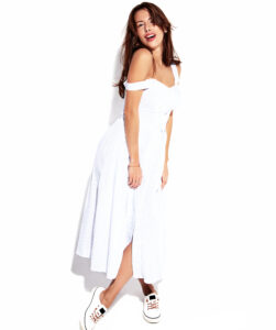 Portrait beautiful cute brunette woman model in casual summer dress with no makeup isolated on white. Full length